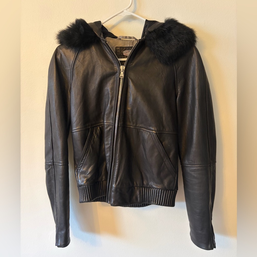 Massimo Dutti Leather Hooded Jacket with Fur Trim